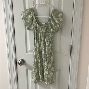 Pink Rose Light Green Dress with White and Yellow Floral Pattern